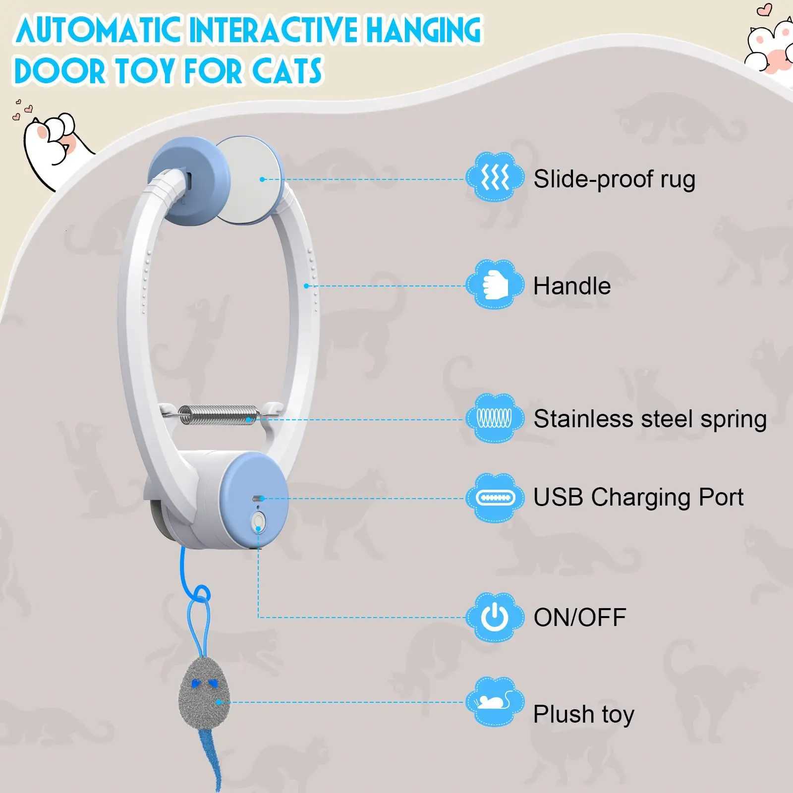 Door Hanging Auto-Rebound Cat Toy Retractable Kitten Teaser with 3 Catnip Mice Interactive Pet Play Toy for Indoor Cats - Whit M251209