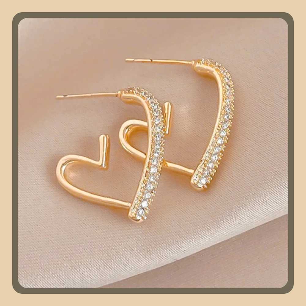 Trendy Simple Gold Color Hoop For Women Girl Crystal Heart Minimalist Earrings Party NEW C-shape Jewelry Gifts H260202