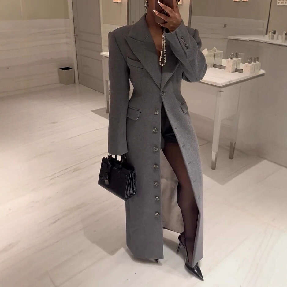 Autumn European And American Style Women's Fashion New Single-Breasted Gray Fashionable Long Coat B5