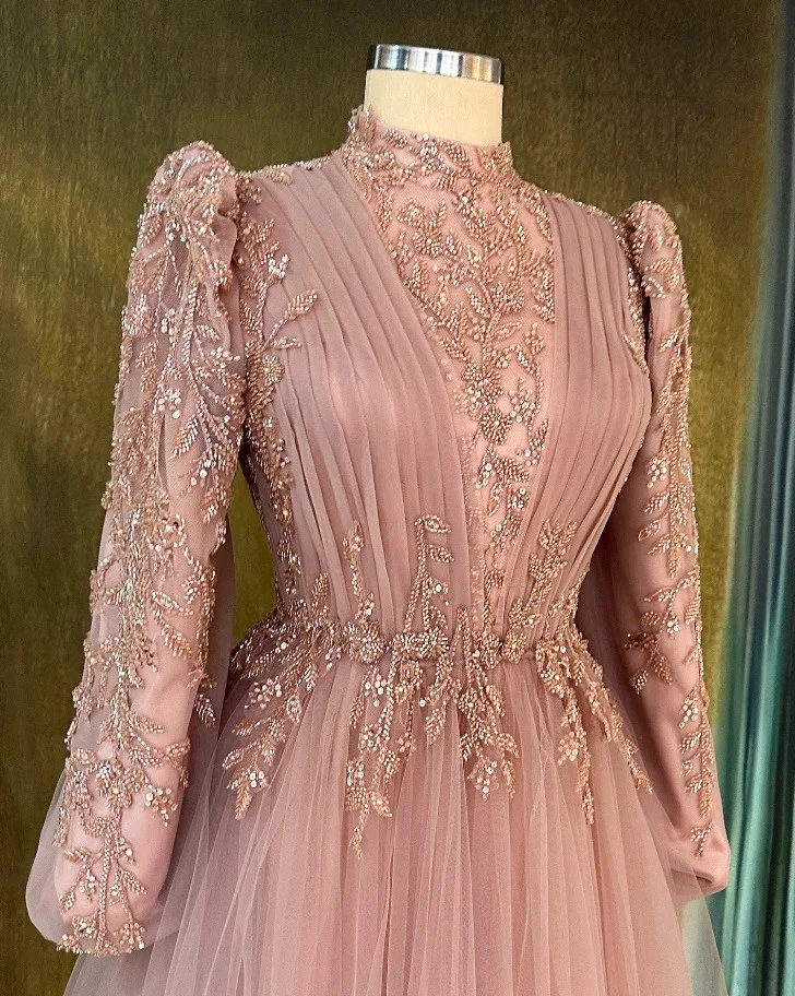 Elegant Muslim Evening Dresses Beaded High Collar Long Sleeves A-Line Pink Tulle Formal Occasion Gowns Pleats Islamic Arabic Prom Dress For Women 2026
