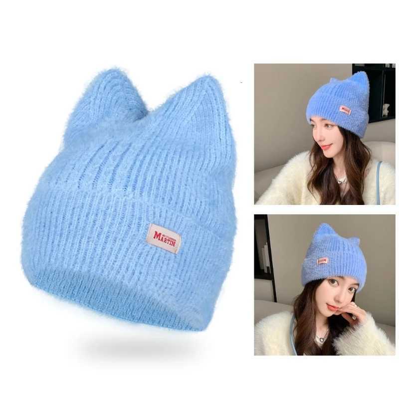 Luxury Winter Warm Knitted Hat Warm Sweet Headdress Cat Ear Crochet Beanie Windproof Anti-cold Women Ear Protection Running Ski Cap Y251209
