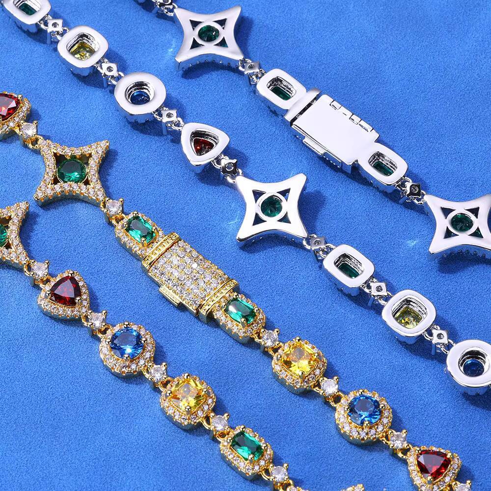 NUOYA New Arrival 925 Silver Geometry Link Bracelet Colorful Zircon Chain VVS Moissanite Womens Hip Hop Jewelry