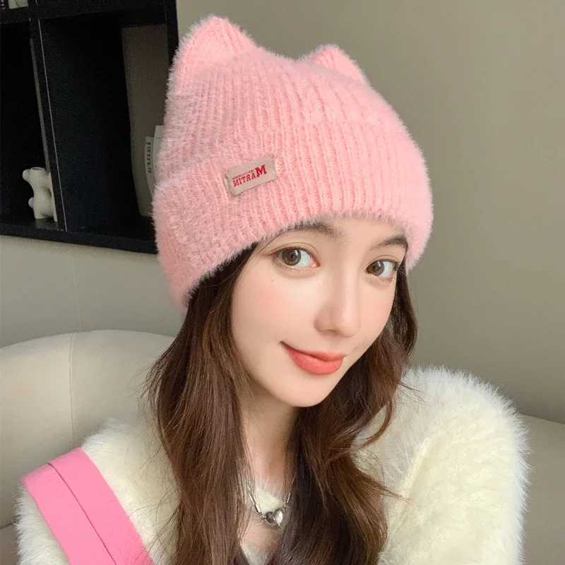 Luxury New Women Cute Cat Ear Earflap Winter Hat Fashion Faux Fur Knitted Hat Kpop Style Soft Beanie Hats Candy Female Streetwear Cap Y251209