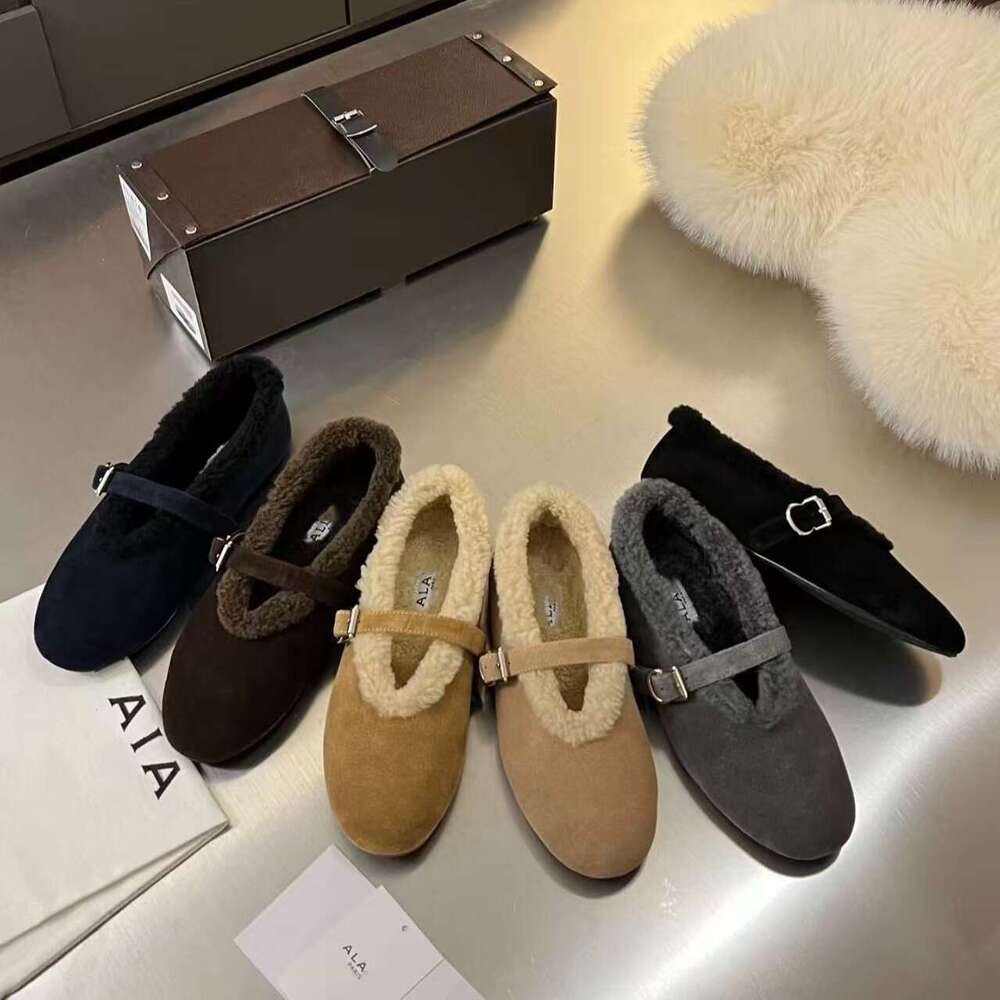 New warm furry Fashion ladies dress formal office winter shoes Luxury mary jane Shearling Ballet Flats designer shoe woman buckle strap suede Round toe leather flat