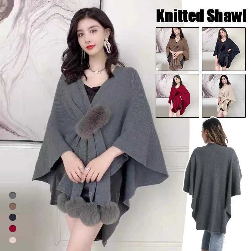Luxury Women Knitting Crochet Cardigan Cloak Poncho Pompoms Capes Autumn Winter Open Front Sweater Elegant Shawl With Fluffy Pompoms Y251208