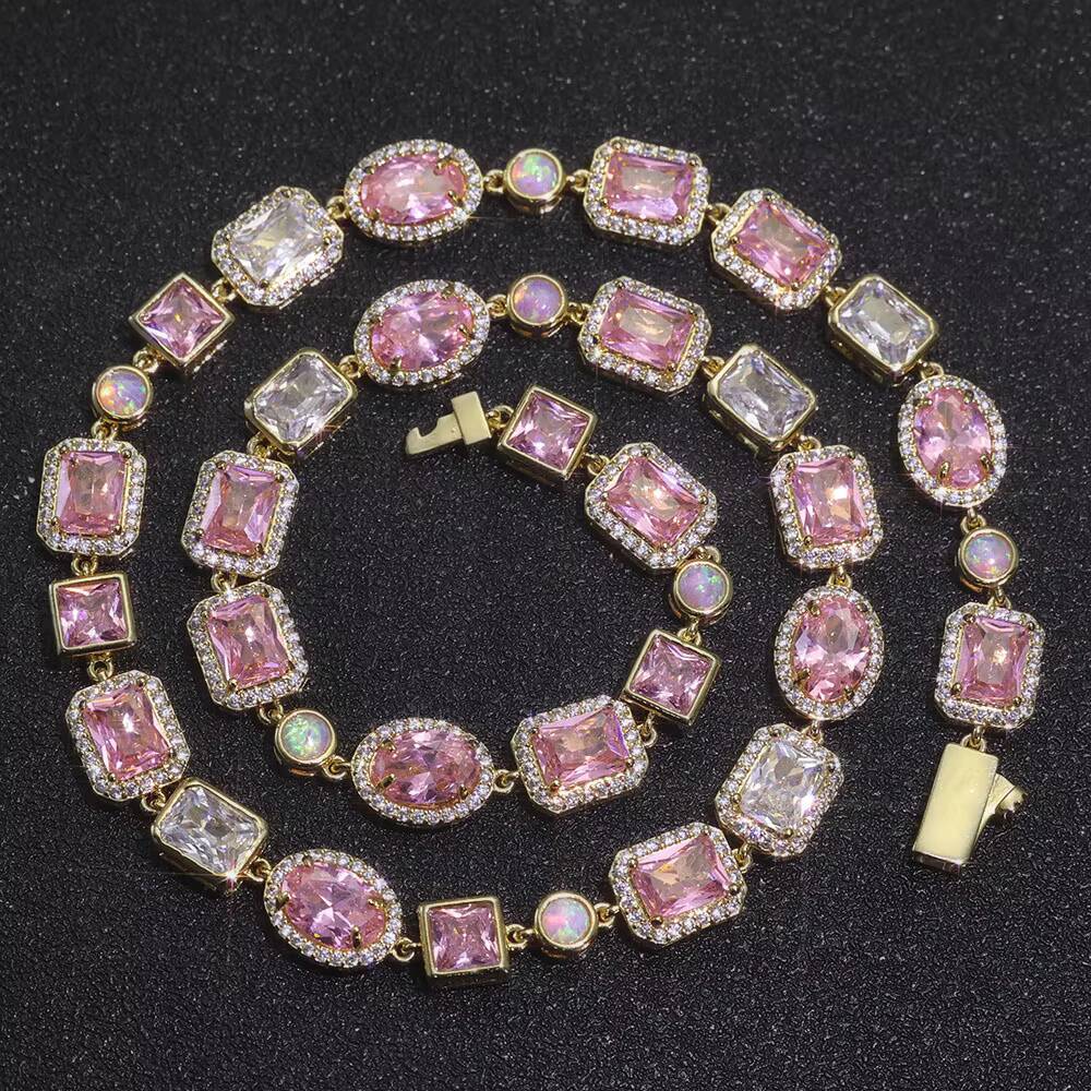 NUOYA 10mm Opal Custom Bling Pink Cz Stone Chain Silver Gold Plated Necklace Geometric Gemstone Motif Iced Out Link Chain