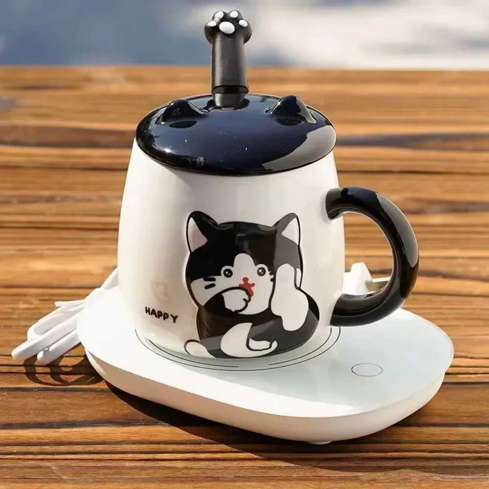 White Black Cat Ceramic gs with Lids Spoons Cute Girl Couple Coffee Cups Holiday Gifts Drinkware Water Bottle H251209