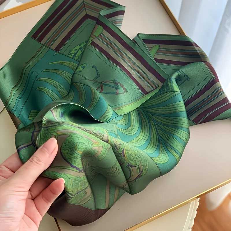 Luxury 2025 New Green Print Square Scarf Simulated Silk Thin Satin Neck Scarf Elegant Ladies Professional Decorative Small Scarf Y251208