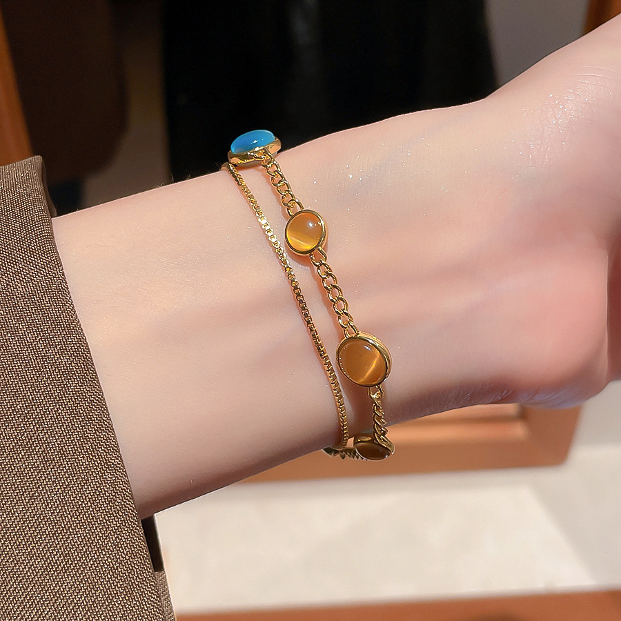 18K Real Gold Plated Cat's Eye Stone Round Double Layer Vintage Palace Style Bracelet Light Luxury High-end Feel Jewelry for Women - view 5
