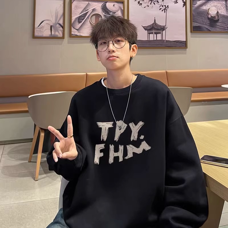 High-Quality Navy Heavyweight Fleece-Lined Cotton Crew Neck Sweatshirt for Boys: Autumn/Winter New Arrival, American Retro Style, Teenager-Friendly