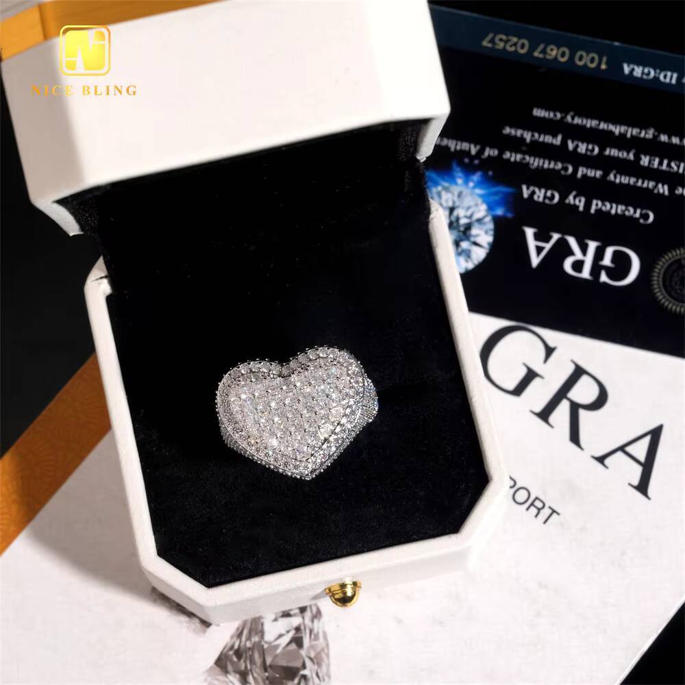 GRA Certificate Princess Cut Custom Hip Hop Rapper Ring VVS Moissanite Diamond Iced Out Jewelry 925 Silver Heart Shape Men Ring