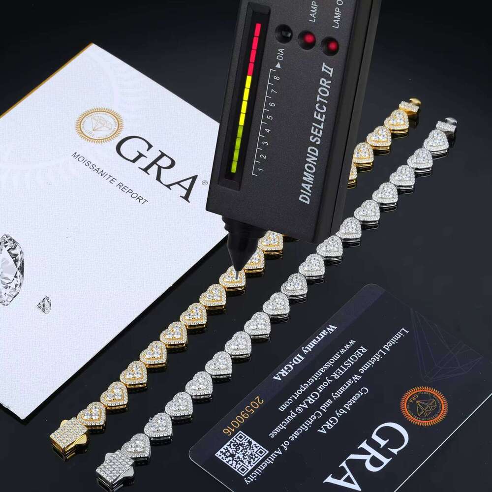 Hip Hop 8mm White Gold 925 Sterling Silver VVS Moissanite Diamond Iced Out Three Stone Heart Link Tennis Bracelet for Men Women