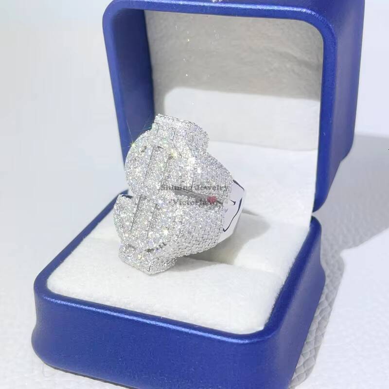 Pass Diamond Tester Hip Hop Iced Out Dollar Sign Vvs Moissanite Diamond Men Rings Silver 925