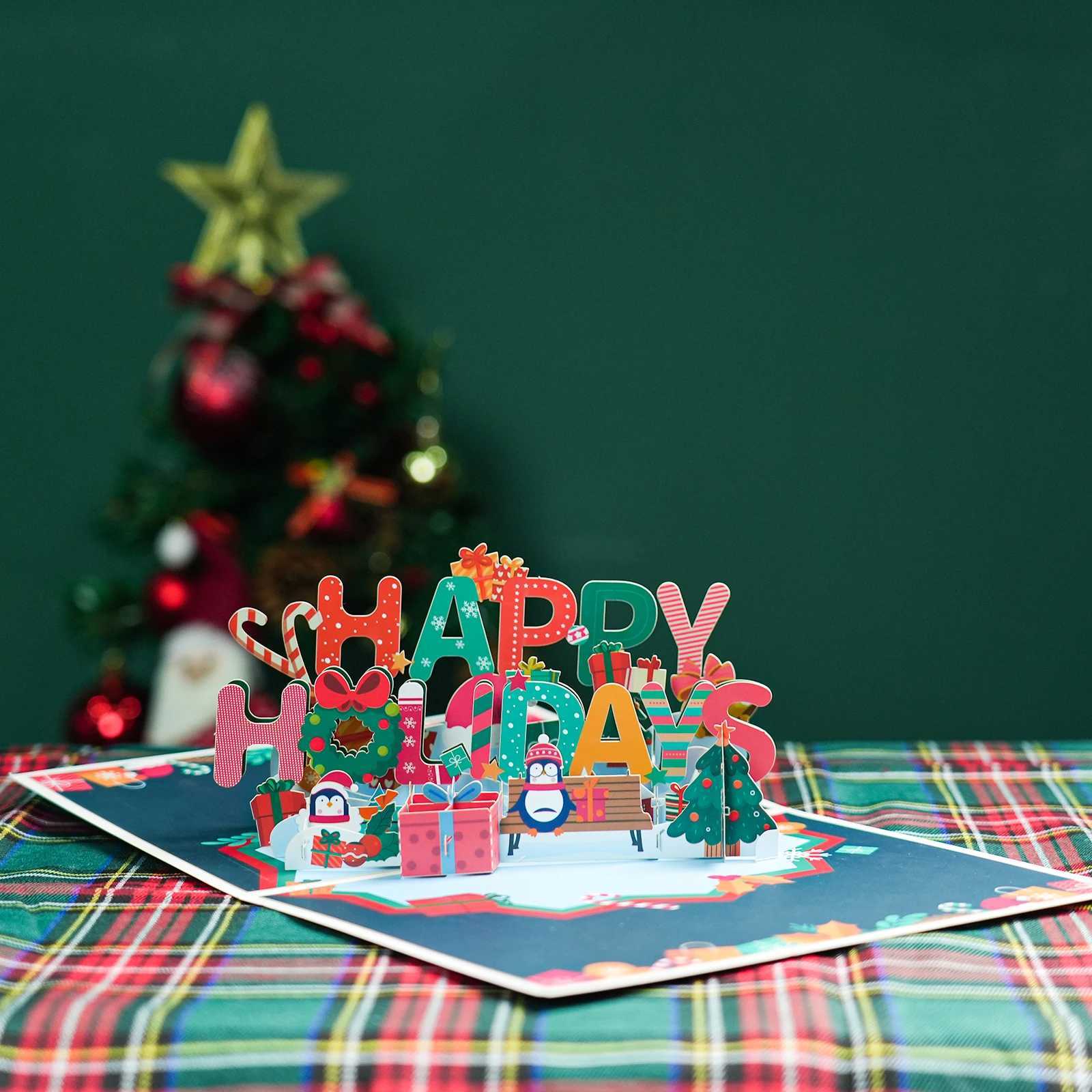 2025 Merry Christmas Cards Christmas Tree Winter Gift -Up Cards Christmas Decoration Stickers Laser Cut New Year Greeting H251210