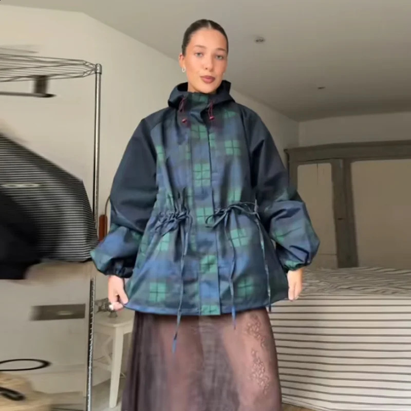 Retro Trendy Plaid Jacket Loose Casual Chic Coat Stand-collar Hoodie Autumn Outerwear Womens Street Wear 251210