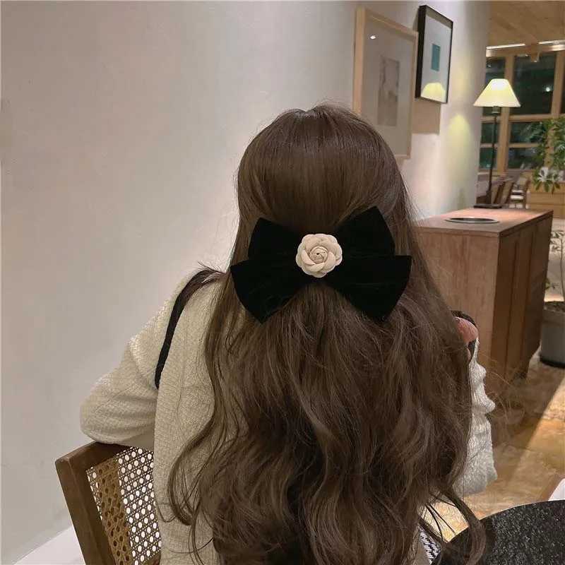 Elegant Black Veet lia Hair Clip Rhinestone Bowknot Spring Clip Wen Korean Hair Styling Barrettes Ribbon Bow Hairpins Y251210