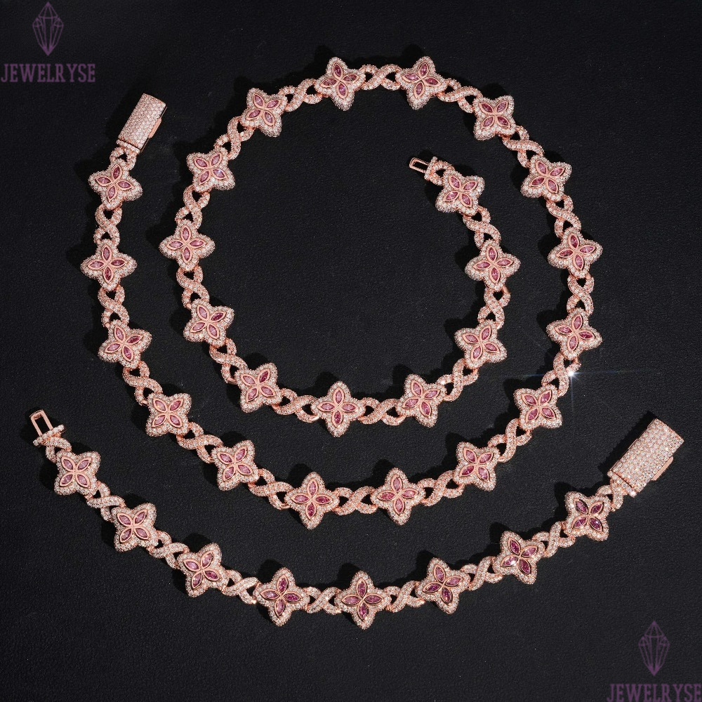 15mm Iced Out Hip Hop Jewelry Bracelet 925 Solid Silver Marquise Diamond VVS D Moissanite Cuban Link Chain Clover Necklace