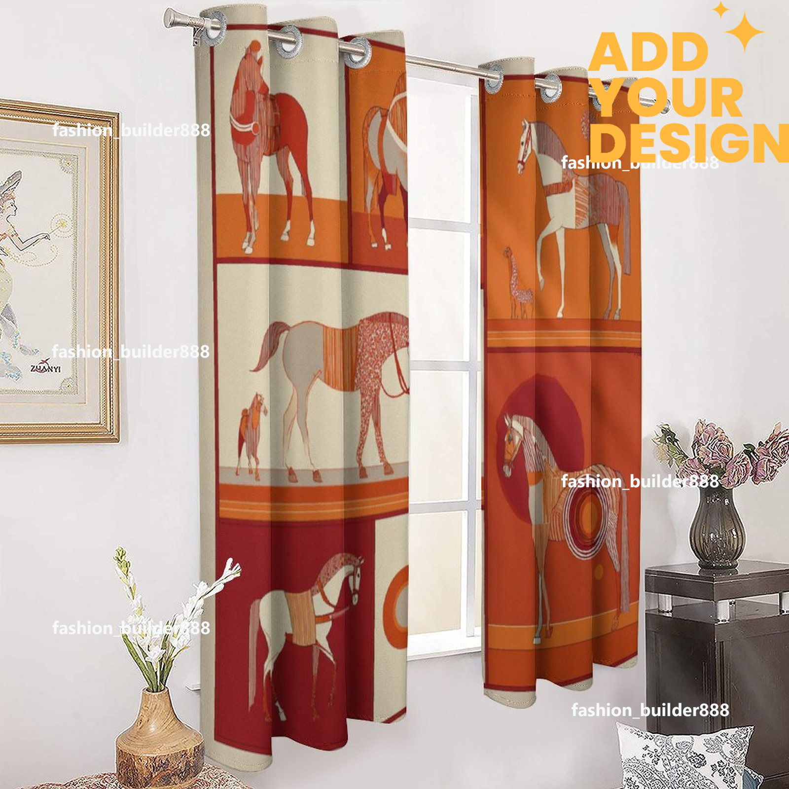 Custom Designer H Blackout Curtain for Bedroom 52x72 inch Long 2 Panels Luxury Horse Pattern Darkening with Grommet Insulated Blinds Privacy for Livin