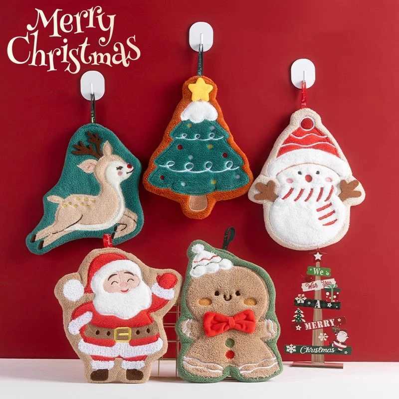 5pc-Coral velvet Christmas Hand towel for Kitchen Bathroom Handkerchief Cute Cleaning Towels with Hanging Rope Xmas Decor C251210