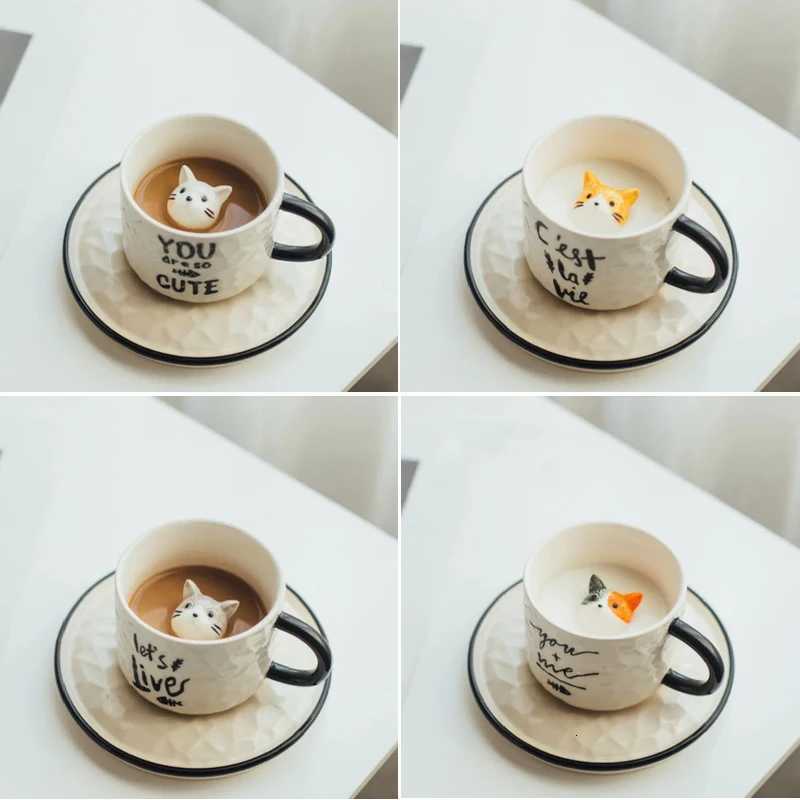 200ML Kitten Ceramic Coffee Mug with Saucer Cute Three-dimensional Bottom Animal Cow Milk Teacup Girl Cat Mug Holiday Gift C251210