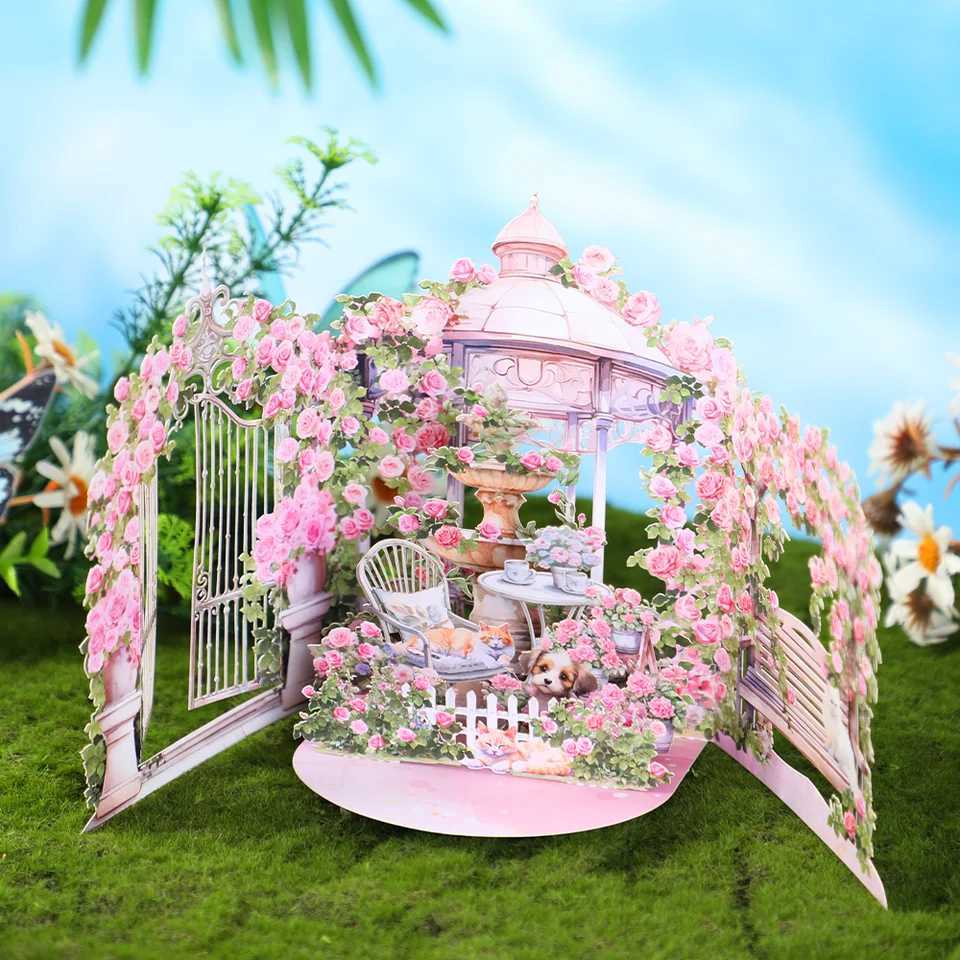 Rose Garden -up greeting card birthday anniversary gift for your lover mother tea Spring cfortable cozy kitten H251210