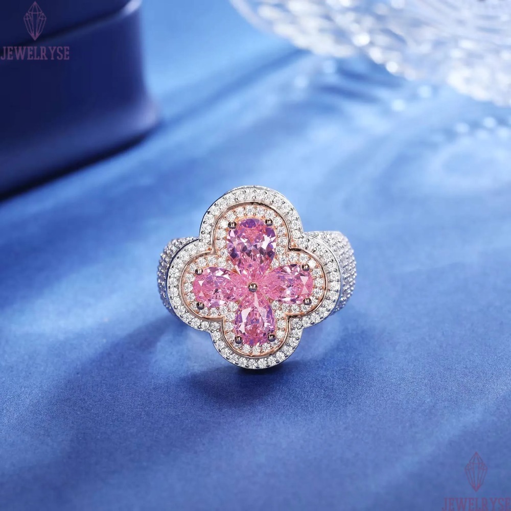 Luxury Wedding Jewelry Couple Lucky Clover Ring 925 Sterling Silver Pink Water Drop VVS Moissanite Diamond Iced Out Cross Ring