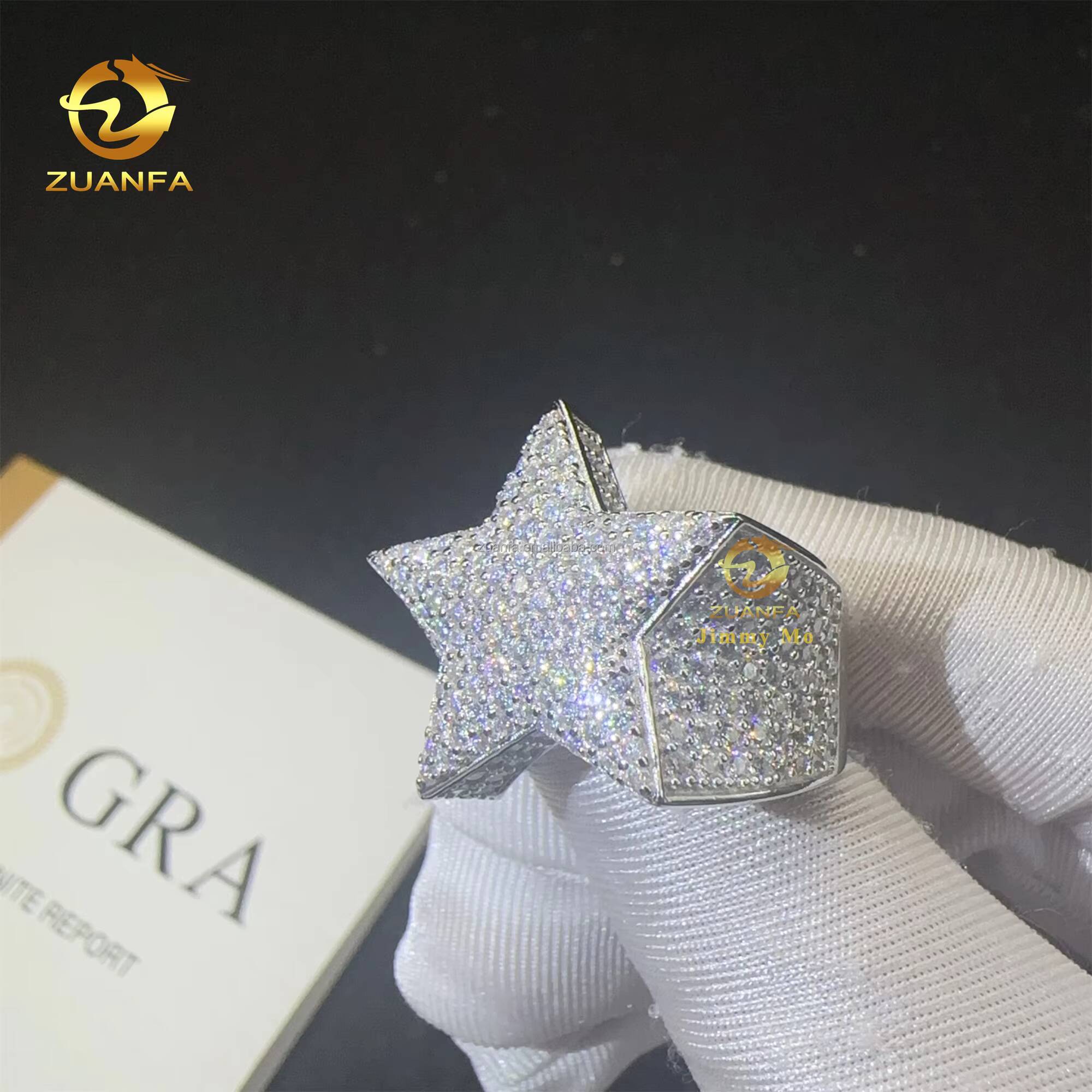 Fashion Jewelry Wholesale Sterling Silver Full with GRA 925 Iced Out Hip Hop Men Fashion Vvs Moissanite Star Ring for Man