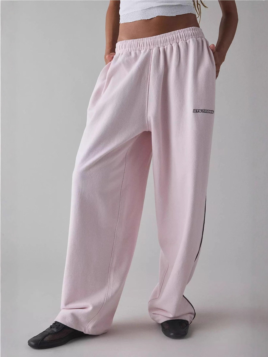 IETS FRANS Women's Y2K Long Pink Embroidered Lounge Bloomers Loose Comfortable Straight-Leg Mid-Rise Elastic Waist Pants