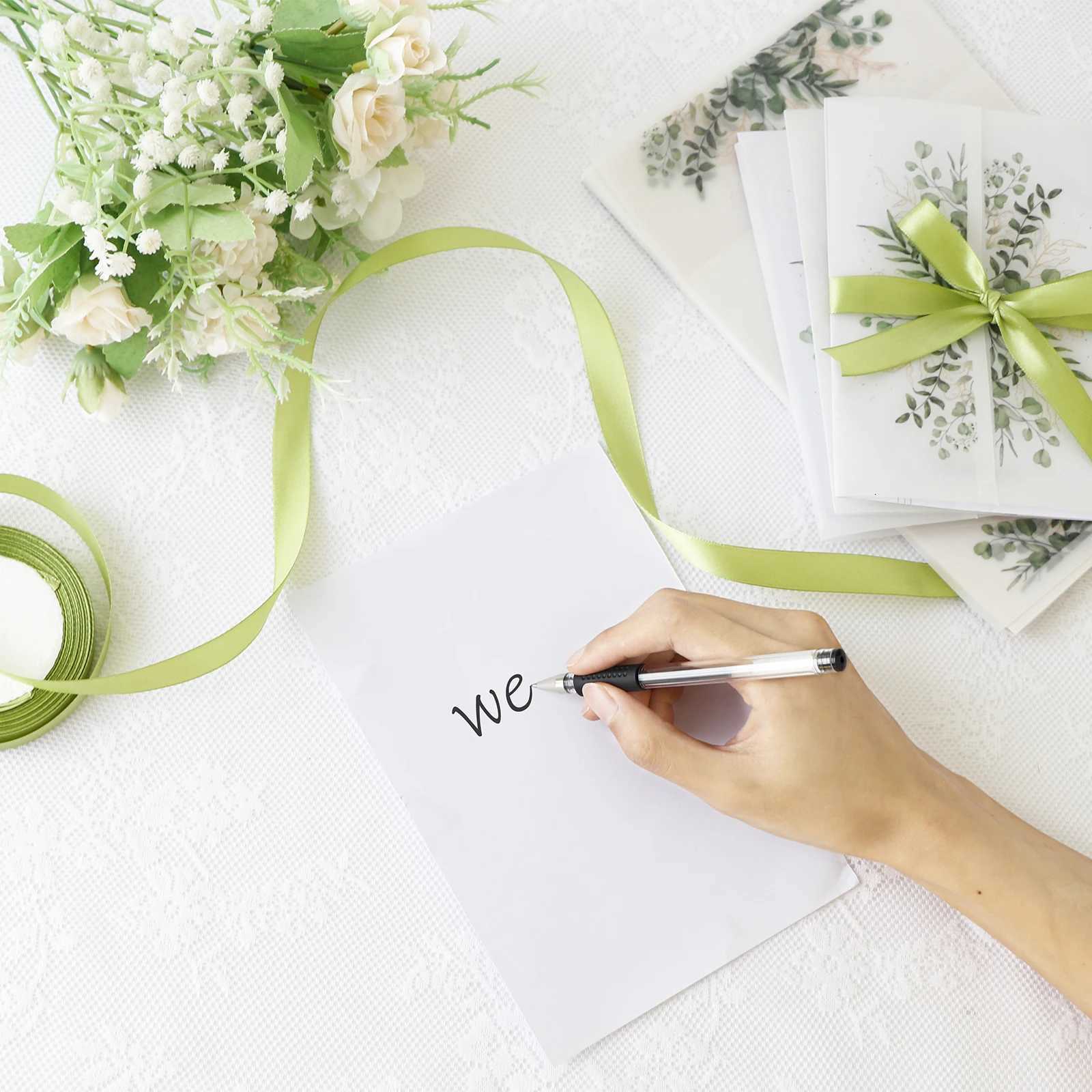 50pcs Folded Vellum Jackets with Ribbon for Wedding Invitations Card Birthday Party Baby Shower Cards Craft Paper Wraps H251210