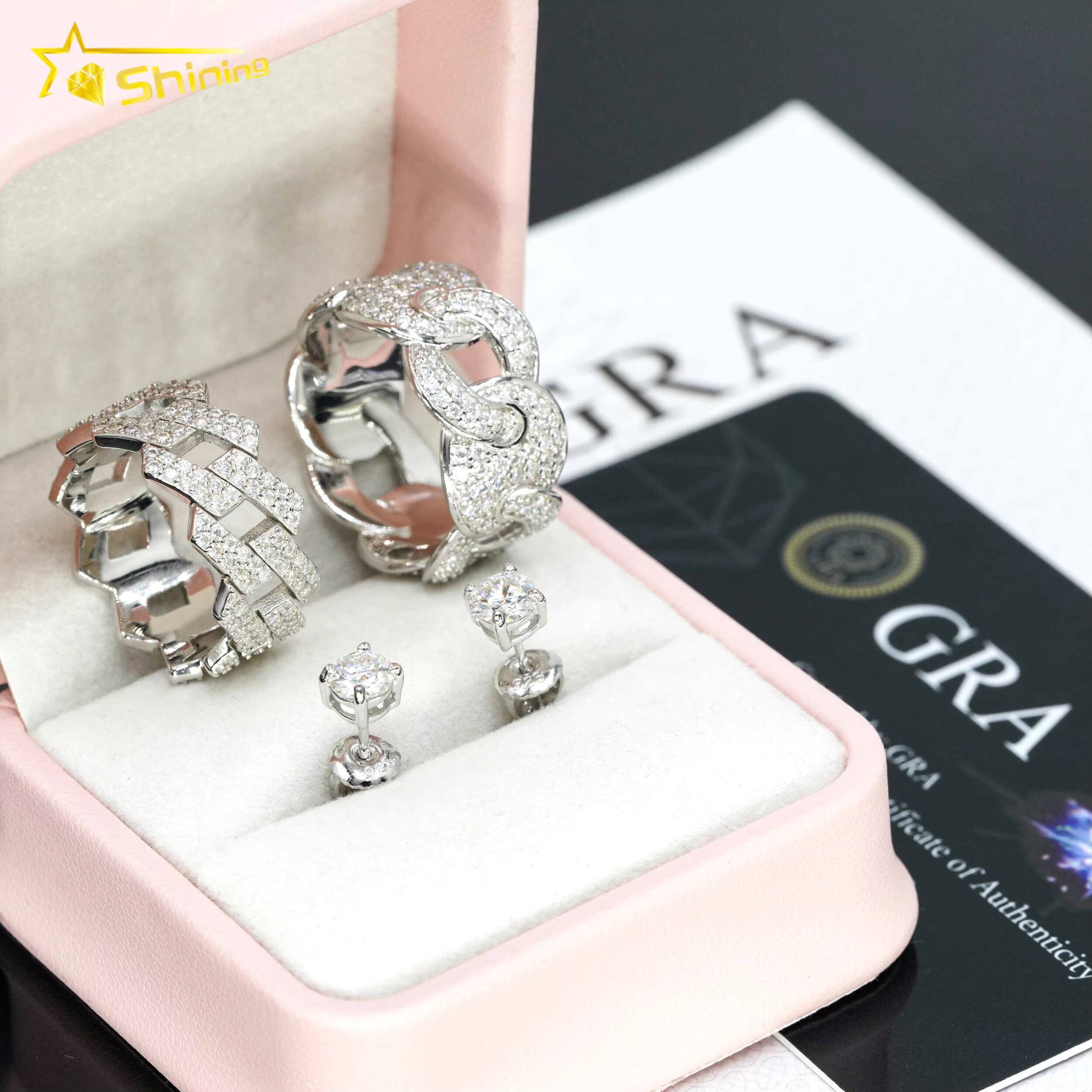 Wholesale Factory Price Rhodium Plated Prong Setting Moissanite Jewelry 925 Silver Iced 2 Row Cuban Hip Hop Unisex Rings