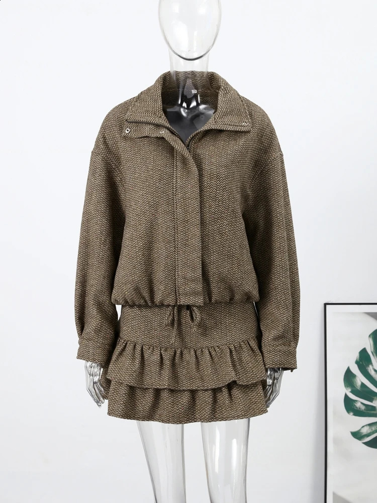 Womens Brown Skirt Jacket Set Stand Collar Bomber Jacket Coat Matching Ruffled Skirts Vintage Casual Outfit Autumn Streetwear 251209