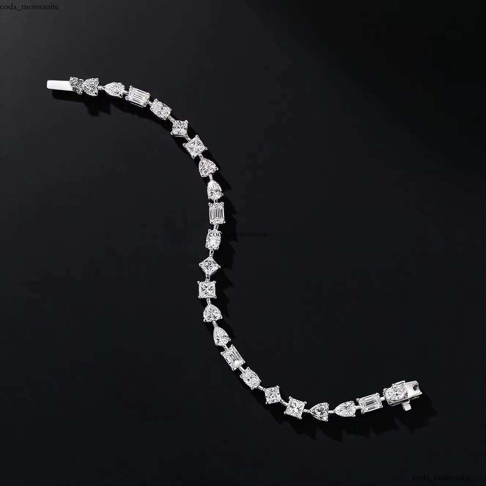 Shiny VVS Moissanite Mixed Cut Tennis Bracelet with Round Princess Baguette Gemstones 925 Silver 18k White Gold Plated Hip Hop Jewelry
