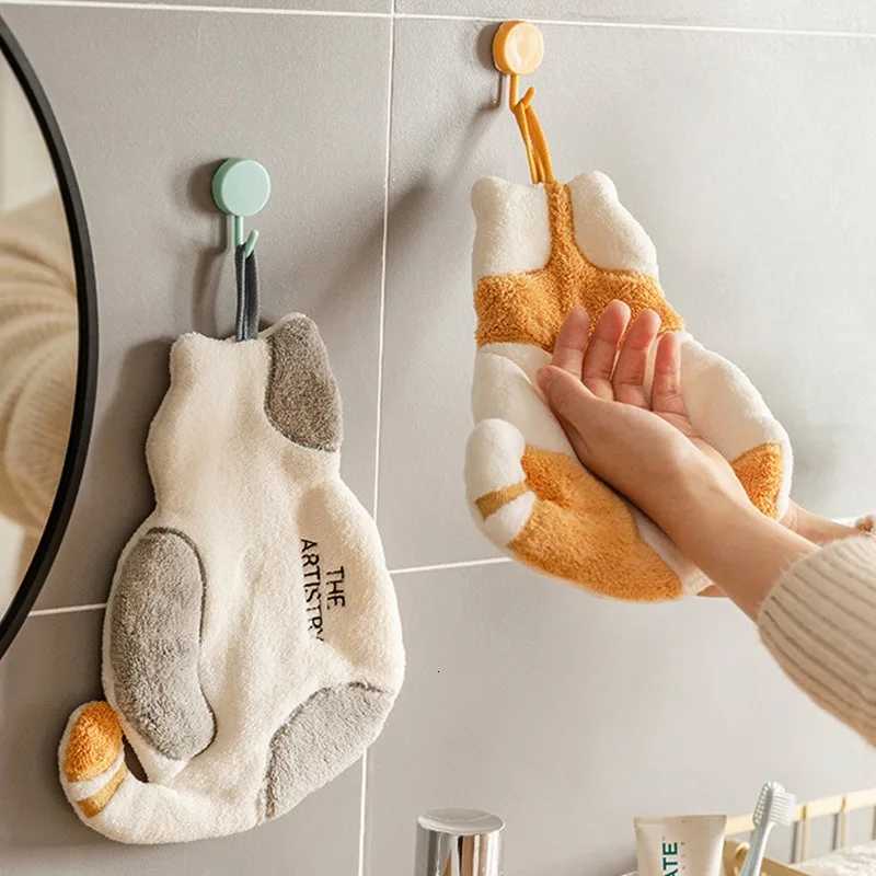 Cat-Print Hand Towel Hanging Washcloth Childrens Adorable Coral Fleece Towel Kitchen Ultra-Absorbent Thickened Dishcloth C251210