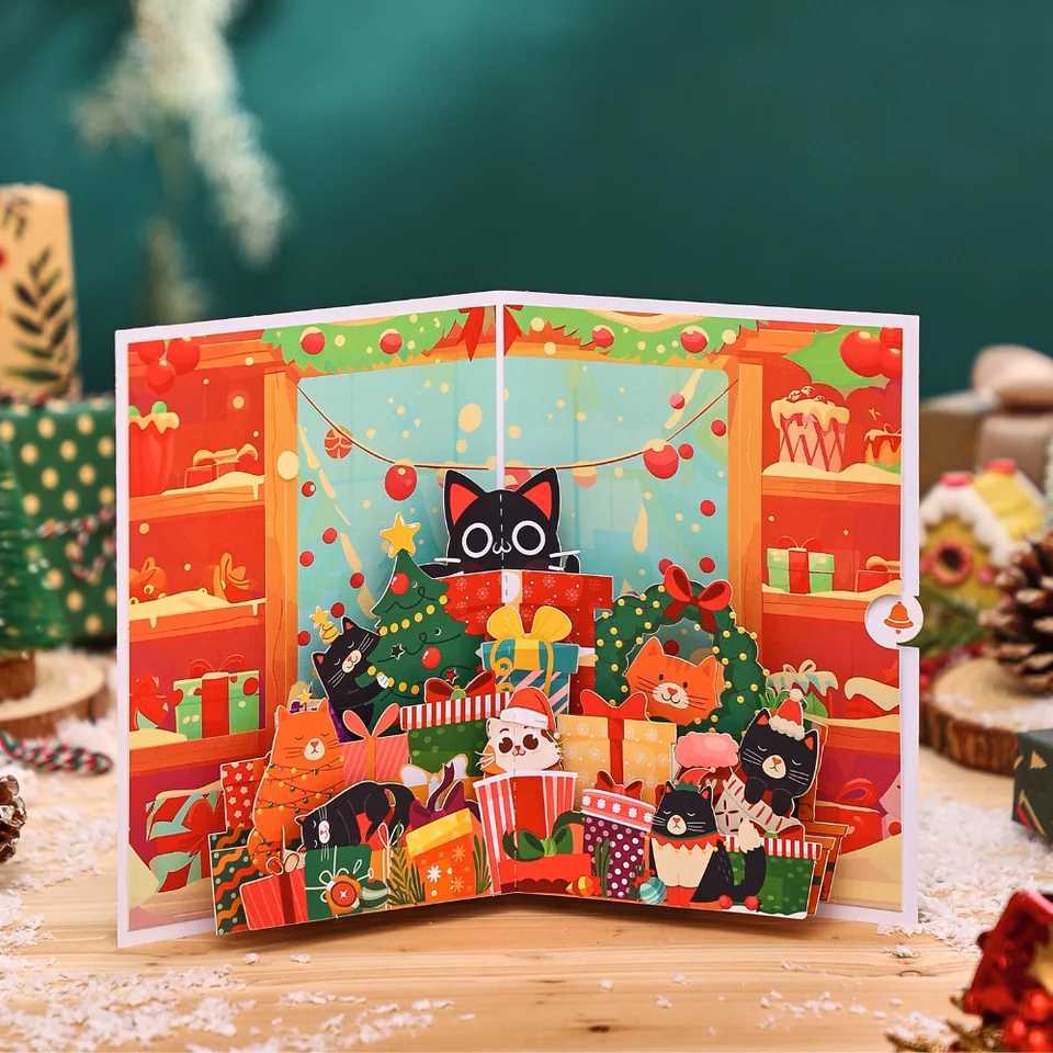 1pc Merry Christmas -Up Card Christmas Tree Woodland Reindeer Cardinal Poinsettia Greeting Card with Note Card and Envelop H251210