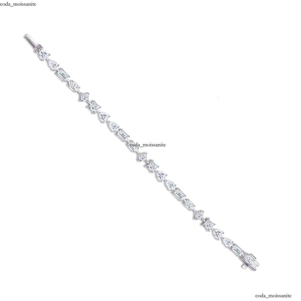 Shiny VVS Moissanite Mixed Cut Tennis Bracelet with Round Princess Baguette Gemstones 925 Silver 18k White Gold Plated Hip Hop Jewelry