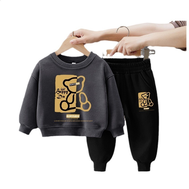 Versatile clothes for boys girls middle-aged and older children pure cotton and plush thick hoodie set autumn and winter clothes 2024 style 211021