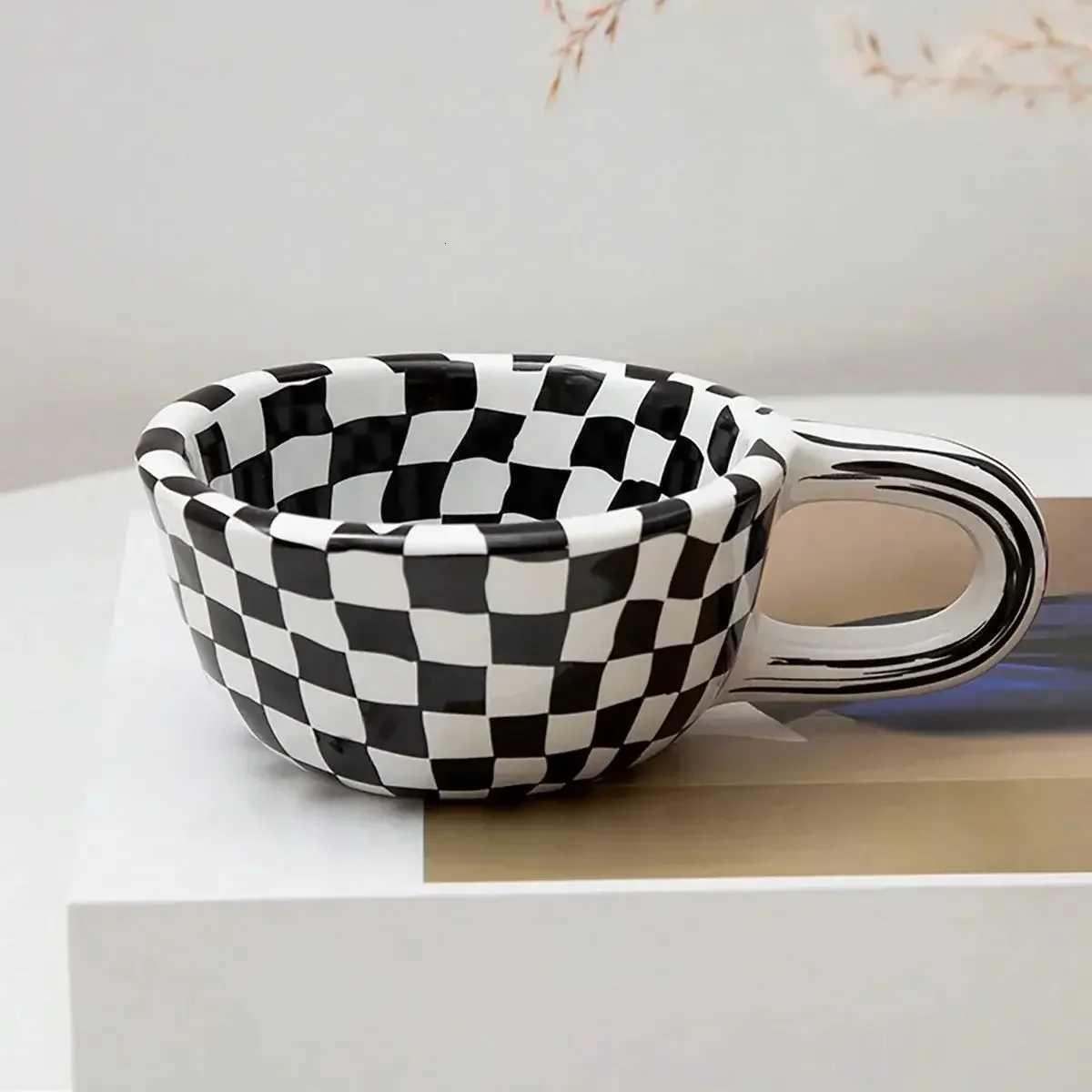 1pc Creative ceramic checkered pattern tea cup irregular chessboard coffee cup C251210