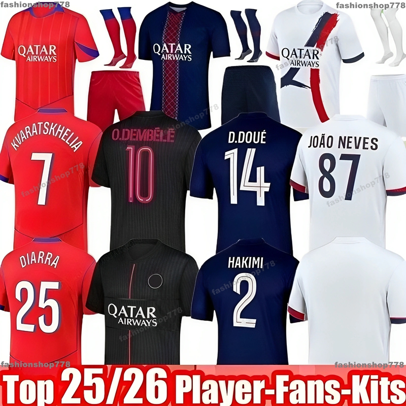 2025 2026 Maillot De Foot O.Dembele Kvaratskhelia Soccer Jerseys 4th JOAO NEVES D.DOUE HAKIMI Football Shirt 25 26 Hommes BARCOLA N.MENDES PACHO PARIS Fourth PSGES Kits