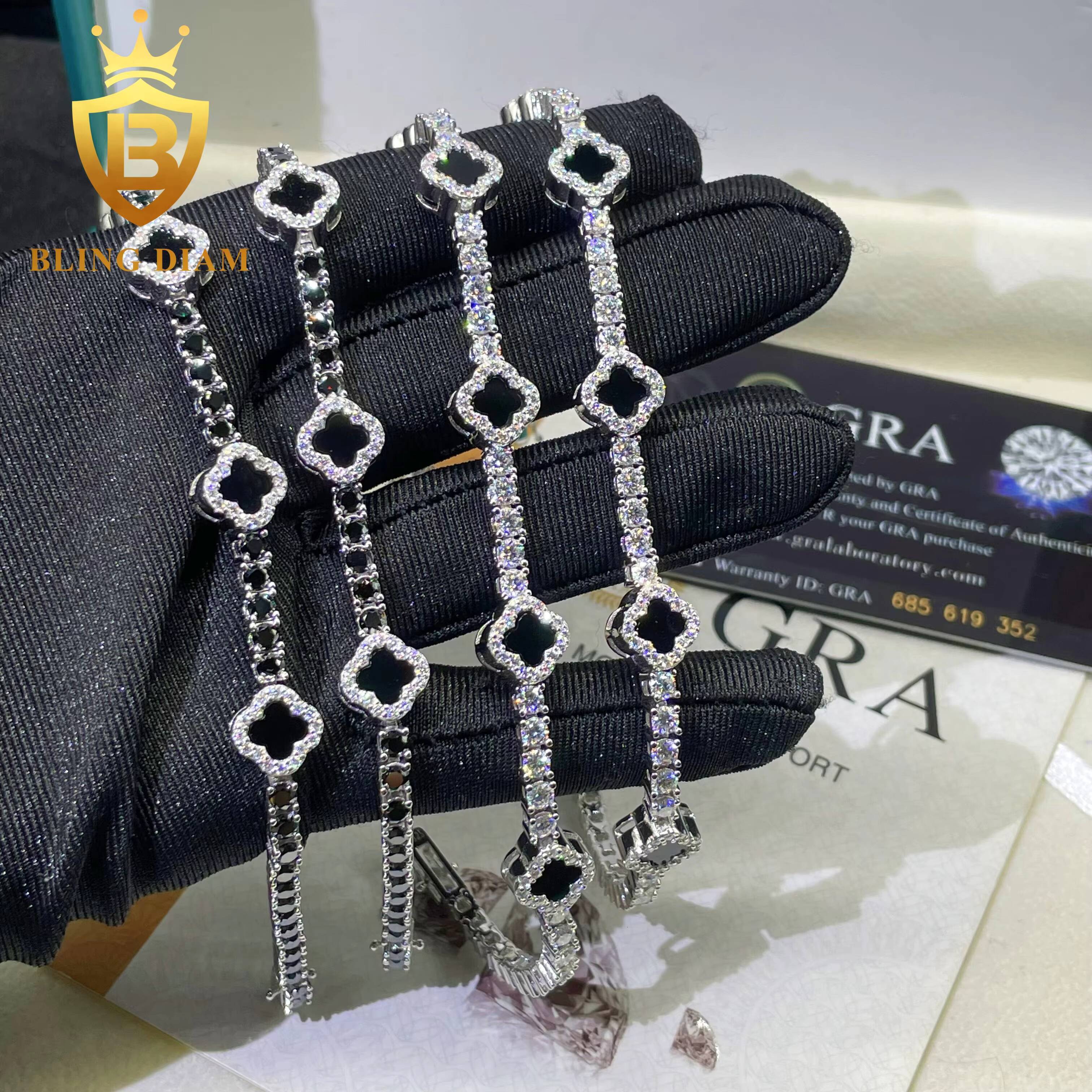 Hot Selling 3mm Four Clover Leaf 925 Sterling Silver Luxury Hip Hop Moissanite Diamond Tennis Chain Bracelet Pass Diamond Test