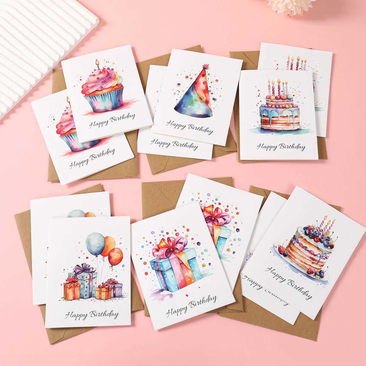 24pcs Watercolor Birthday Cards Birthday Party Decoration Kids Favors Greeting Cards Wedding Birthday Baby Shower Party Supplies H251210