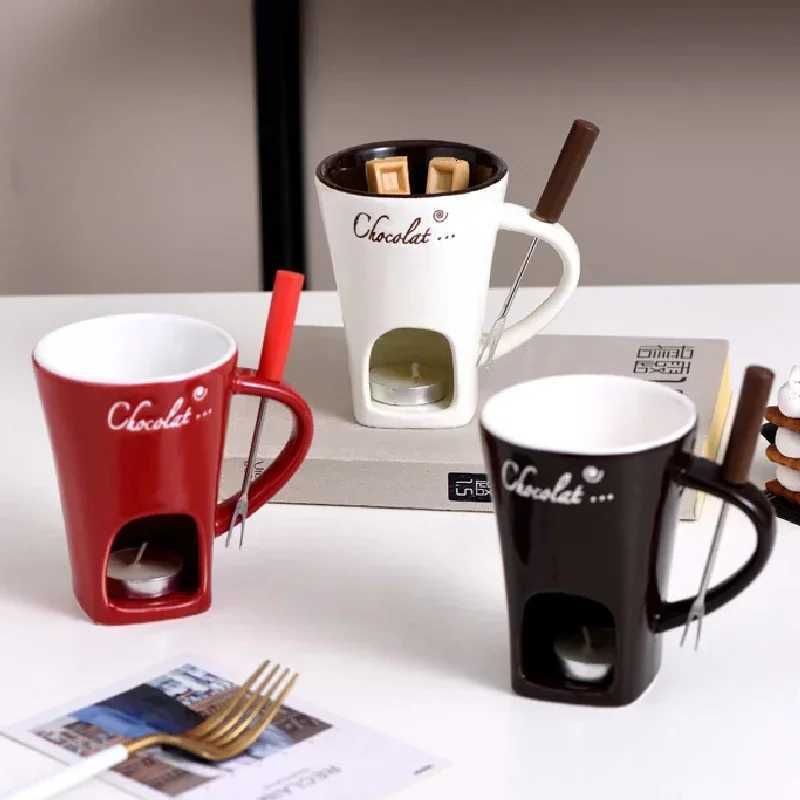 Creative Coffee Cup Cutlery 130ml European Candle Cup Cheese Chocolate Melting Ceramic Mug with Fork for Heating Food C251210