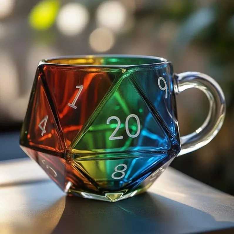 Rainbow D20 Dice Mug with Handle D20 Dice Glass Cup Transparent Glass Game Mug Gift for Fantasy Lovers C251210