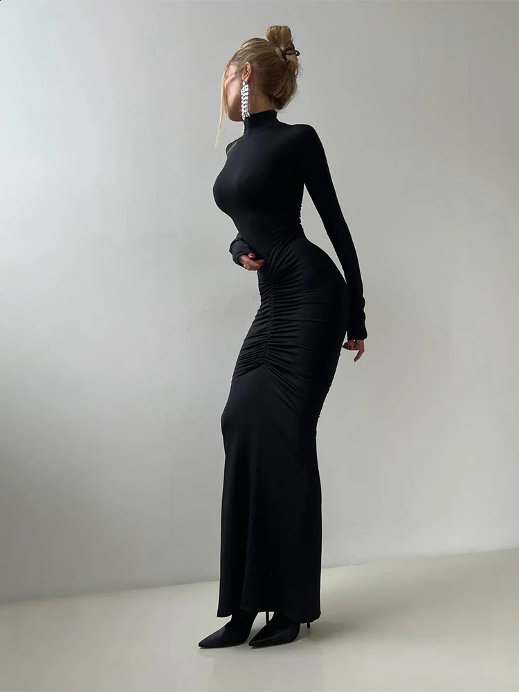 kliou Womens Shirring Maxi Dress - Turtleneck Long Sleeve Bodycon, Solid Autumn Style, Elegant High Street Trend Vestidos C260312