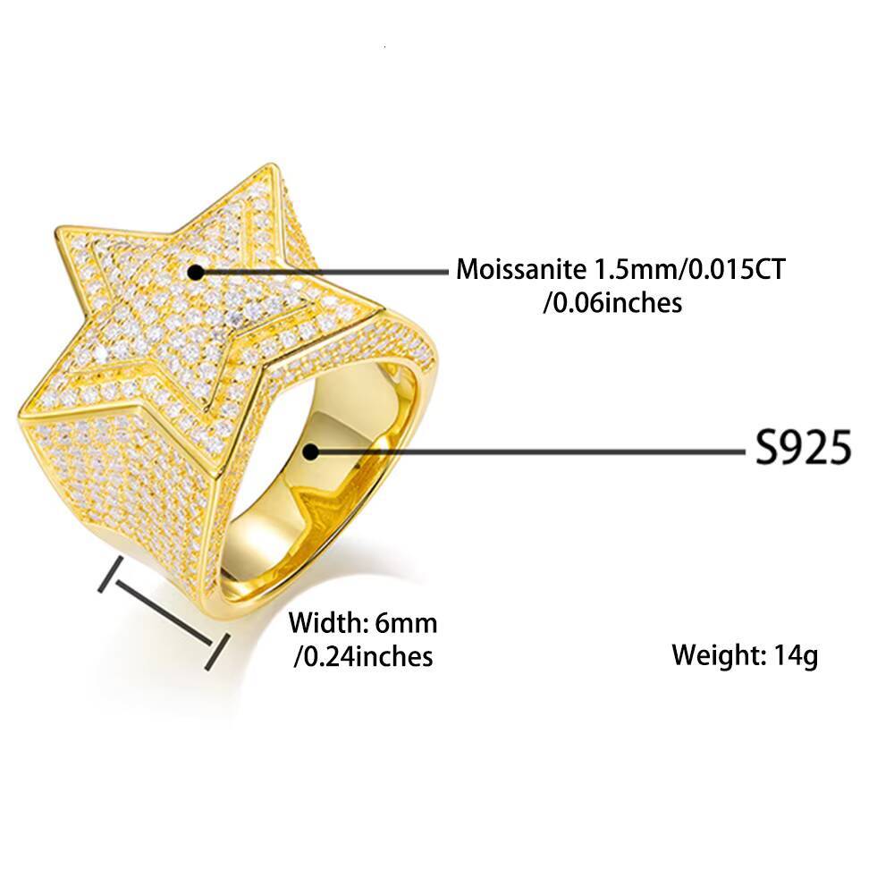 Best Selling Luxury Jewelry S925 Silver Set Moissanite 18K Gold Plated Ice Out Five-Pointed Star Hip-Hop Ring