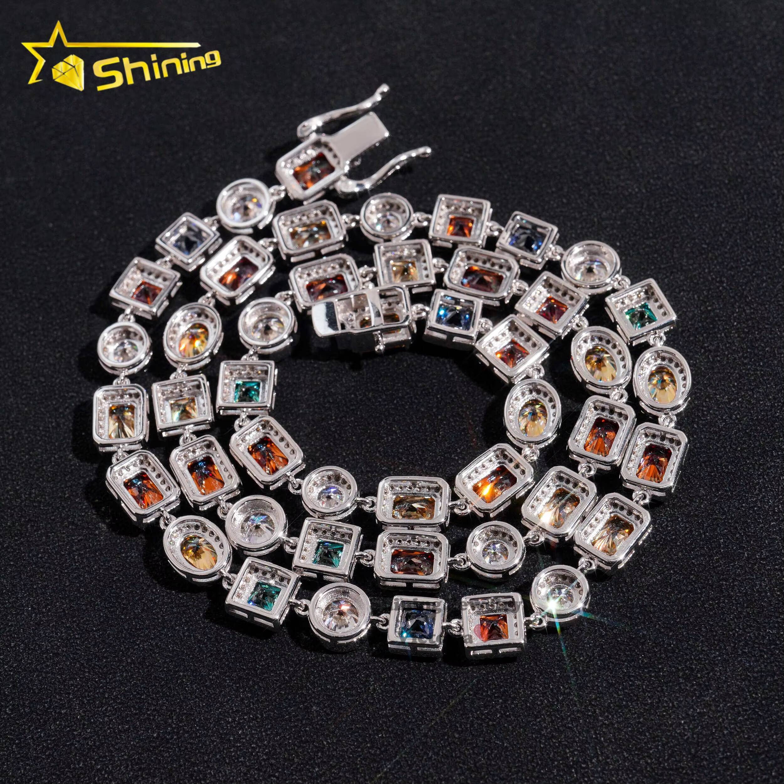 New Fashion Halo Style 925 Sterling Silver VVS Moissanite Diamond Colorful Jewelry 10MM Moissanite Cluster Tennis Chain Necklace