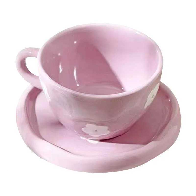 250ml Japanese Retro Hand-Painted Purple Small Flower Ceramic Cups with Saucers Hand Pinched Irregular Coffee Mug Set C251210
