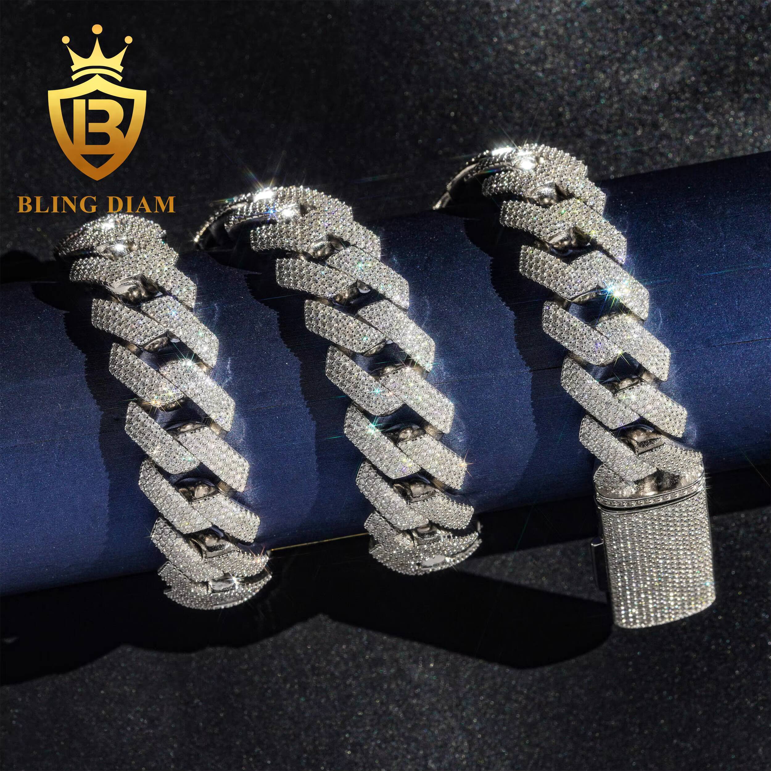 18mm Hip Hop Jewelry 4 Row Iced Out Miami Cuban Link Chain Moissanite 925 Silver Bracelet Necklace for Men