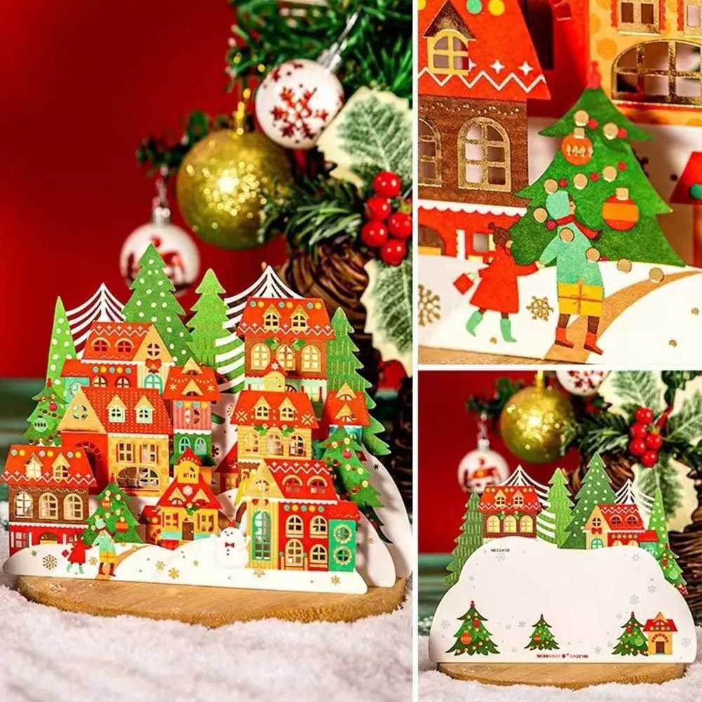 Paper Christmas 3D Greeting Card Gold Plated Craft Merry Christmas Blessing Cards Up Ornaments Paper Carving Postcard Gift H251210