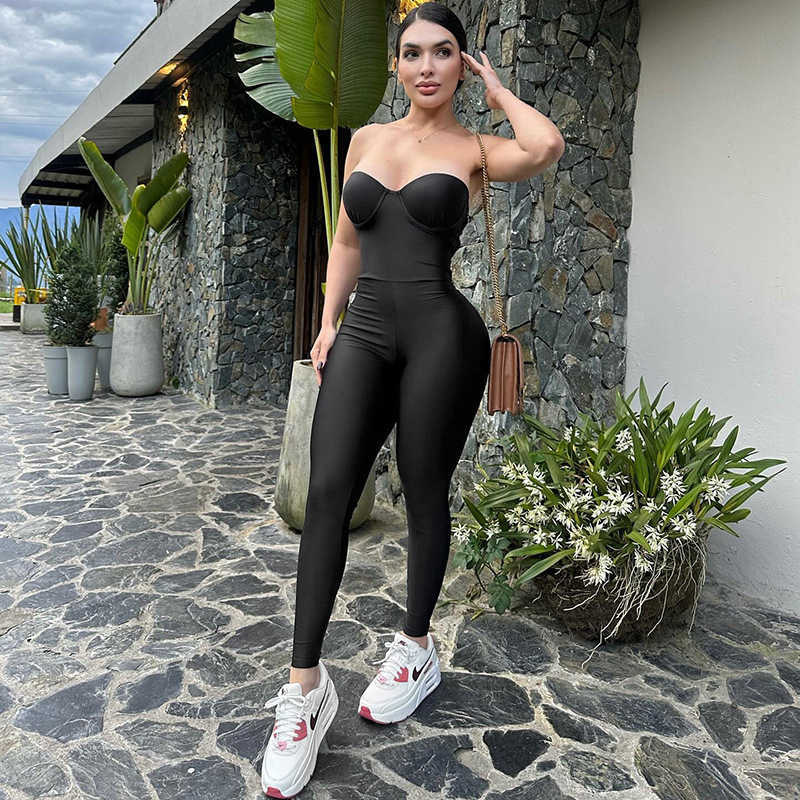 European style 2025 new model strapless tight-fitting sexy full-sleeve one-piece pants with a deep V-neck openingX241112