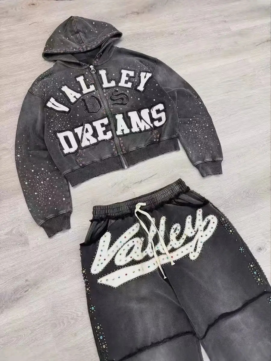 Y2K American Gothic Punk Sportswear Two Piece Set Unisex Hip Hop Rock Patch Print Loose Zip Hoodie Fashion Casual Sweatpants 251205
